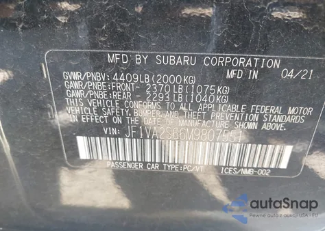 2021 Subaru Wrx Sti из США, поврежденный, VIN JF1VA2S66M9807551